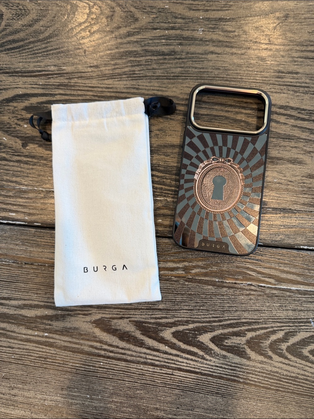 Burga Rose Gold & Black Decorative iPhone 17 Pro Max case with Keyhole Medallion